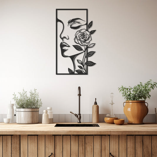 Woman Face And Rose Metal Wall Art, Wall Decor, Metal Wall art