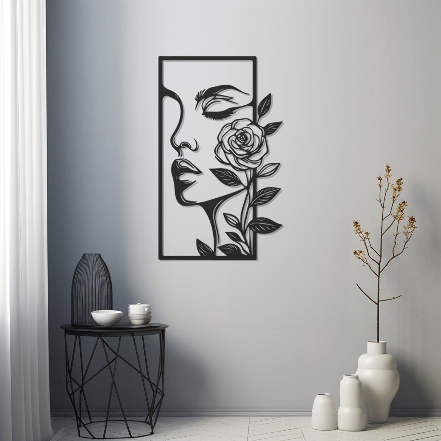 Woman Face And Rose Metal Wall Art