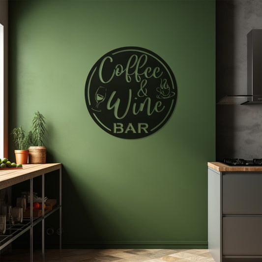 Round Metal Wall Decor With Coffe Wine Bar Lettering, Metal Wall art