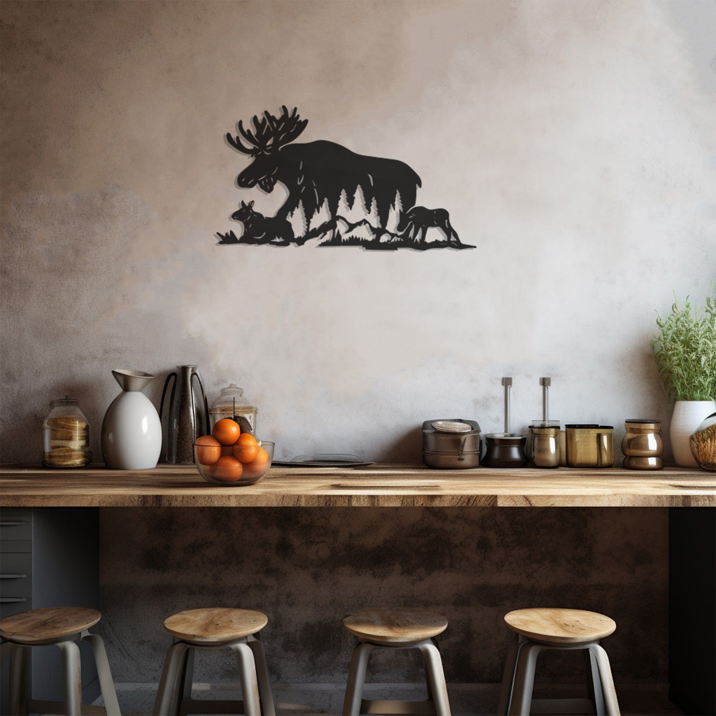 Silhouette Metal Wall Decor With Deer And Fawns In The Mountain