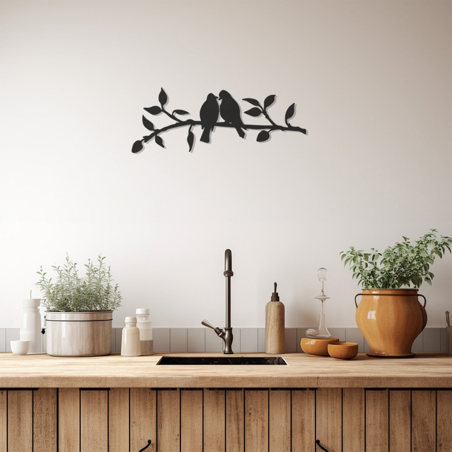 Silhouette Of 2 Birds Sitting On A Tree Branch Metal Wall Decor