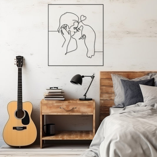 Kissing Lovers Silhouette Drawn With Line Technique Metal Wall Decor