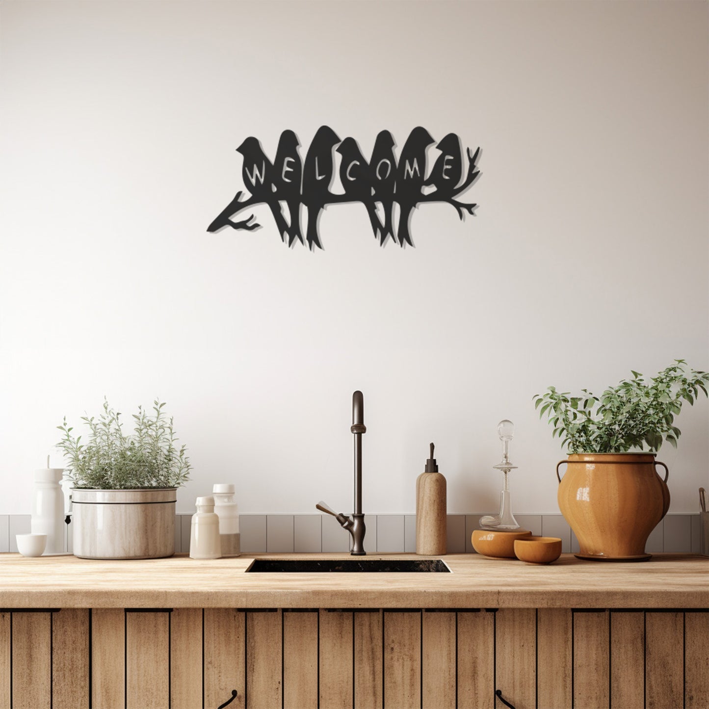 Silhouettes Of Birds Standing In A Row On A Branch With Welcome Written On Them Metall Wall Art
