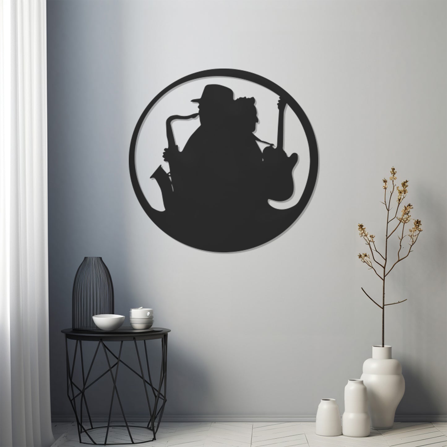 Silhouette Of Man Playing Instrument Metal Wall Art Decor