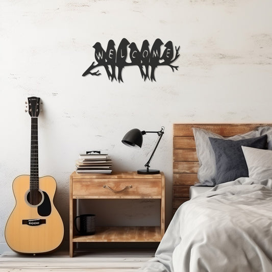 Birds Standing In A Row On A Branch With Welcome Metall Wall Art