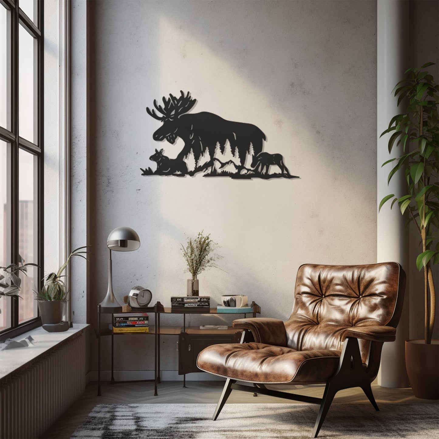 Silhouette Metal Wall Decor With Deer And Fawns In The Mountain