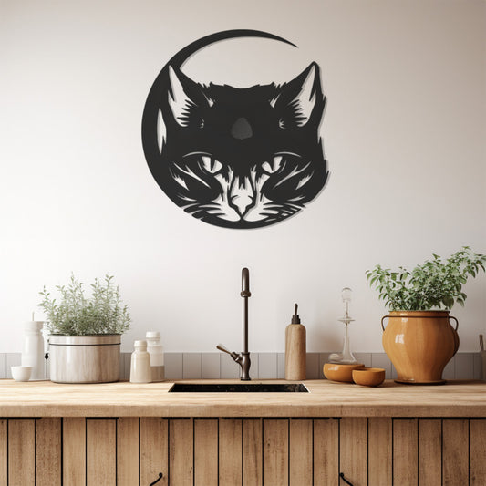 Silhouette Of The Cat'S Head Over The Crescent Metal Wall Art