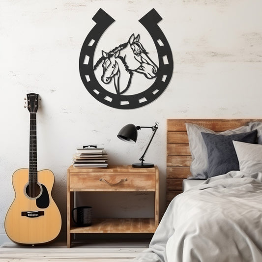 Silhouette Of Two Horses In Horseshoe Metal Wall Decor, Metal Wall art