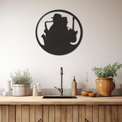 Silhouette Of Man Playing Instrument Metal Wall Art Decor